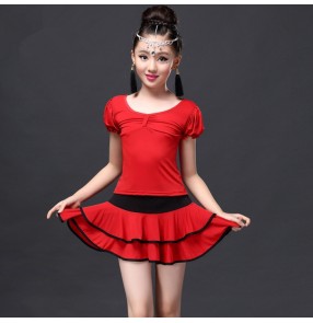 Red hot pink fuchsia royal blue girls kids children short sleeves competition  stage performance latin salsa dance dresses sets 
